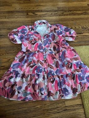Pink Abstract Print Button-Front Tiered Dress